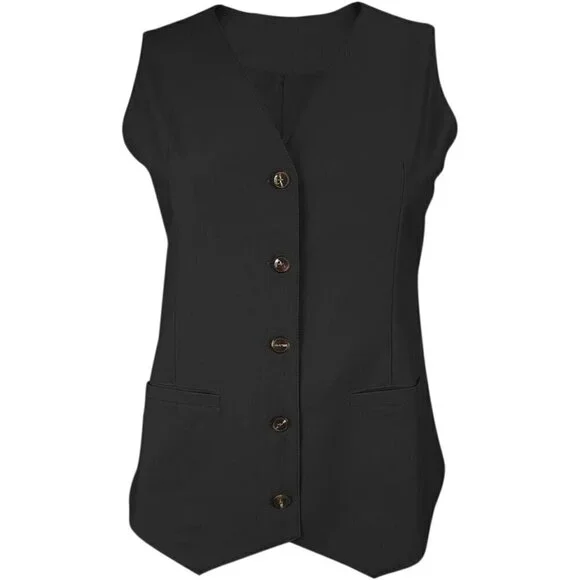 Womens Black Casual Button Down Sleeveless Vest Waistcoat with Pocket - Picture 2 of 6